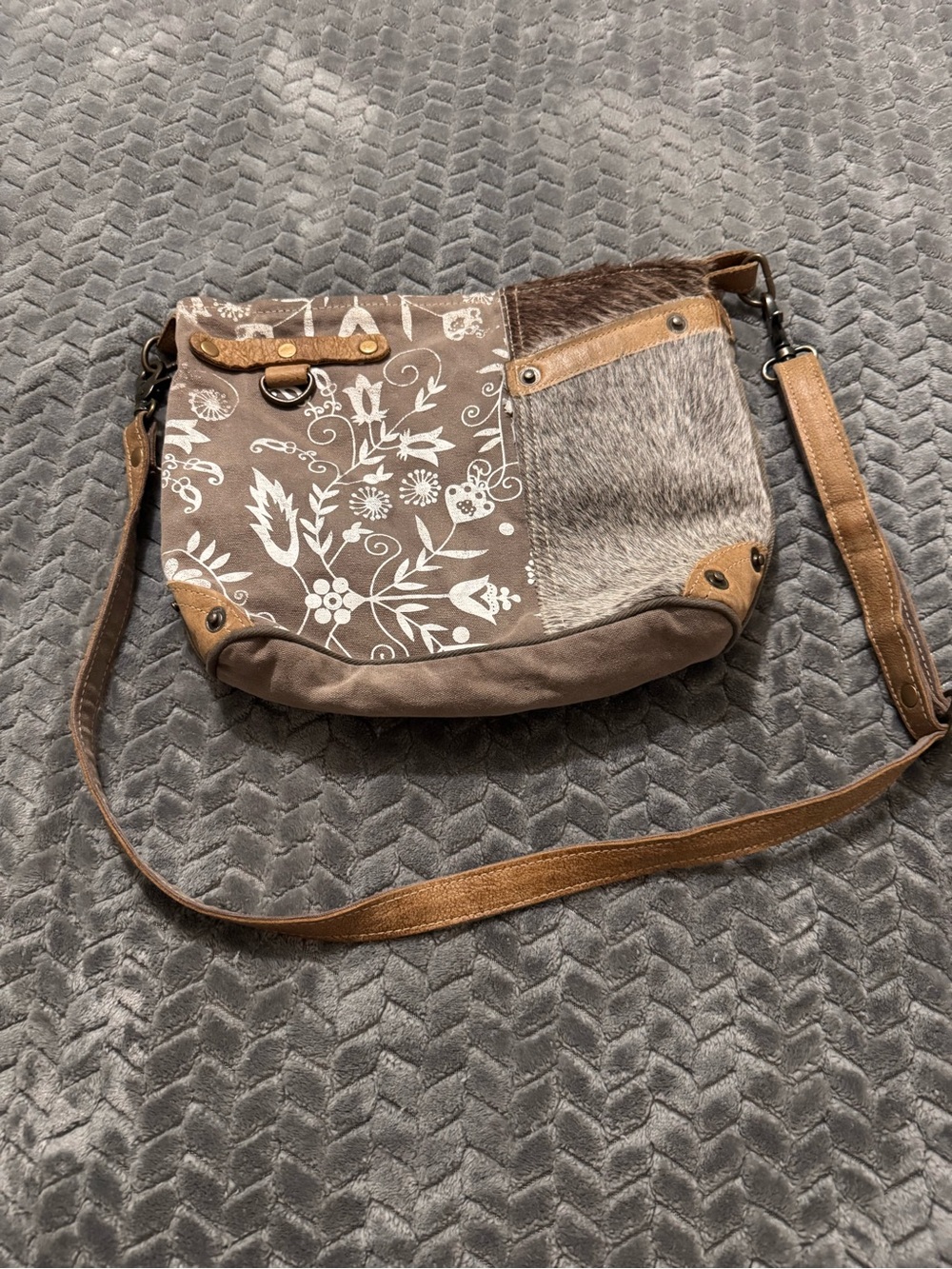 Myra Brown Floral Patchwork Crossbody Bag with Faux Fur Accent